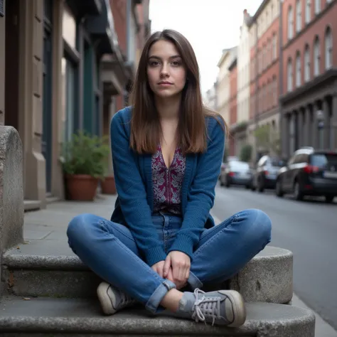 woman sitting on stairs. Has a blue sweater on. a pair of jeans and sneakers