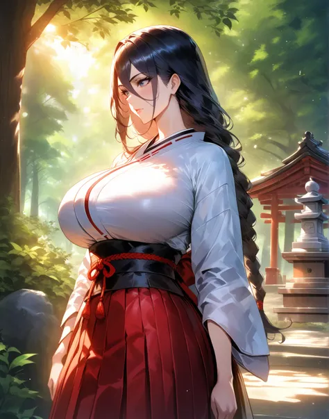 masterpiece, best quality work of art, whm,
age, mature woman,  1girl , Alone,  long hair, regardant le spectateur, Skirt,  black hair, manches longues,  huge breasts , hair between your eyes, Closed Mouth, debout, tresser,  outside, japanese clothes, jour...