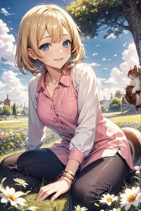 Sarah,Short Blonde Hair, Blue Eyes, pink shirt, Black long sleeve, plaid pants, bracelet, smile, opening from the front,happy, is sitting,  on the lawn , Hold a squirrel, outside, Park, Flower Field, blue sky, Dreamy Atmosphere, high quality, masterpiece, ...