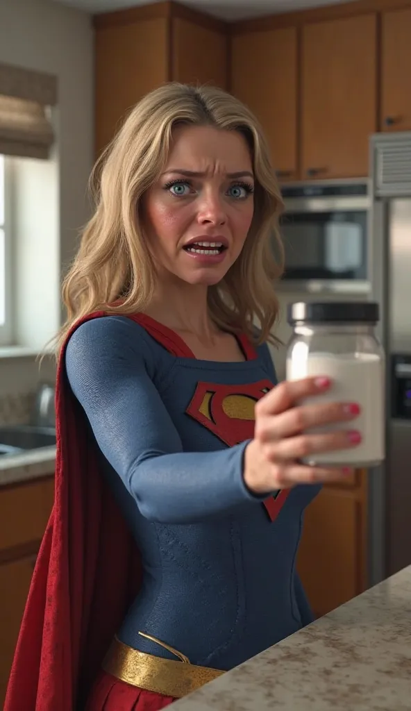 A highly realistic 3D render of Supergirl standing in a kitchen, furiously extending a container of sugar toward someone as if forcing them to take it. She is wearing her classic Superman-style suit, her blue eyes filled with both rage and tears. Her eyebr...