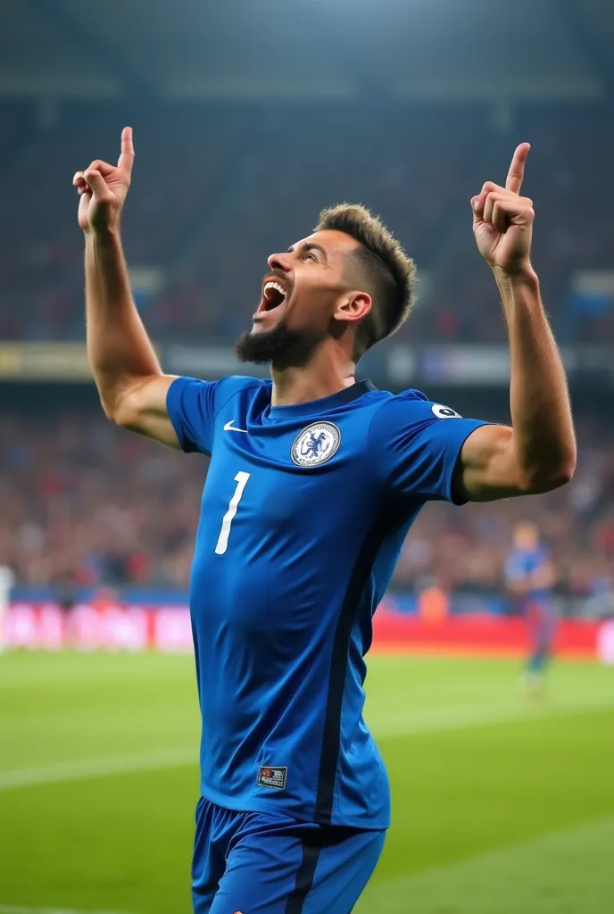 Créer une image d'un joueur de football masculin célébrant un but sur le terrain. Avec une coupe de cheveux identique à celle de la photo originale. Il porte un maillot bleu et un short assorti. L'expression du joueur est pleine de joie et de victoire, les...