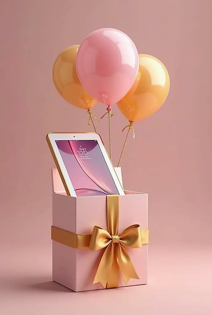 tablet , corresponding to the design and color of the presented photo, inside the gift box vertically, is partially visible through the transparent side of the gift box. The box is decorated with a gold bow, and one side of the box is transparent, that all...