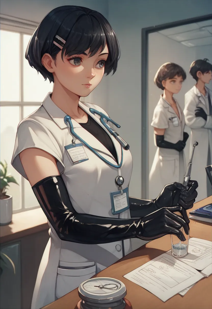 1 Girl, black hair, short hair， ((Black Elbow Gloves)), (( surgical gloves )), (( latex gloves)), (( long sleeve)) ((白色外科doctor服装)), watching the audience, ((doctor)),  stands, alone