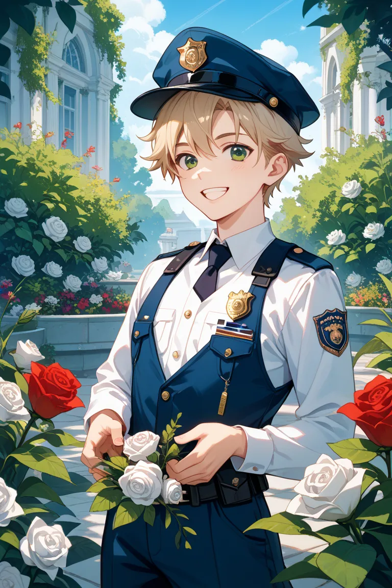 young man,  short blond hair with white strands, green eye, White police uniform, laughs, White rose in hand,  Red Japonica Camellia , masterpiece, high quality