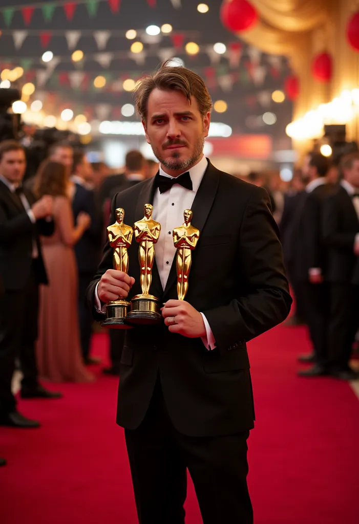 Guito in a tuxedo with three Oscars in his hands posing on the red carpet, Lilamaddyson