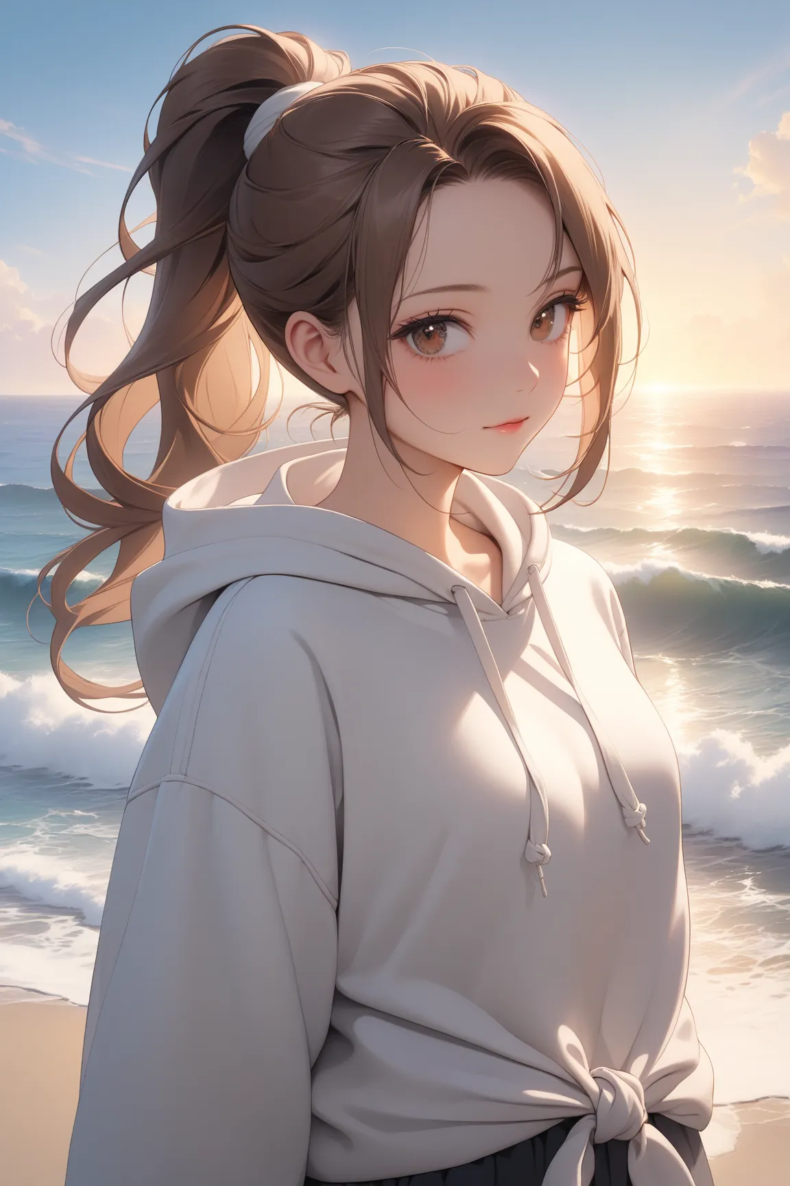 (masterpiece, top quality, very detailed and absurd quality, very aesthetic and amazing quality, beautiful light), full cotton, front, 1 woman, hoodie, ocean view, beautiful light expression, waist-length long, tied ponytail, brown hair, soft hair, forehea...