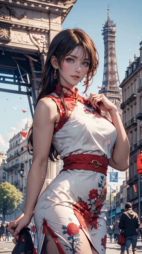 8k,  Masterpieces Top Quality , woman,  male, (Elegant shape), perfect face, Hanfu dress,  sexy,  attractive, A thin fabric Chinese dress（Qipao（cheongsam））、sleeveless、see-through, Tower, red lantern Tower,pin heels、 France、Paris、Champs-Elysees、Historic Bui...