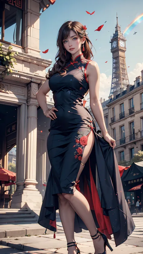 8k,  Masterpieces Top Quality , woman,  male, (Elegant shape), perfect face, Hanfu dress,  sexy,  attractive, A thin fabric Chinese dress（Qipao（cheongsam））、sleeveless、see-through, Tower, red lantern Tower,pin heels、 France、Paris、Champs-Elysees、Historic Bui...