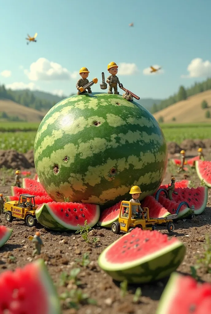 ((Realistic human miniatures)) are in an open farmland, using tiny chainsaws and saws to cut a massive watermelon into large slices. Some tiny workers in helmets push huge wedges onto miniature forklifts, while others use tiny shovels to scoop out watermel...