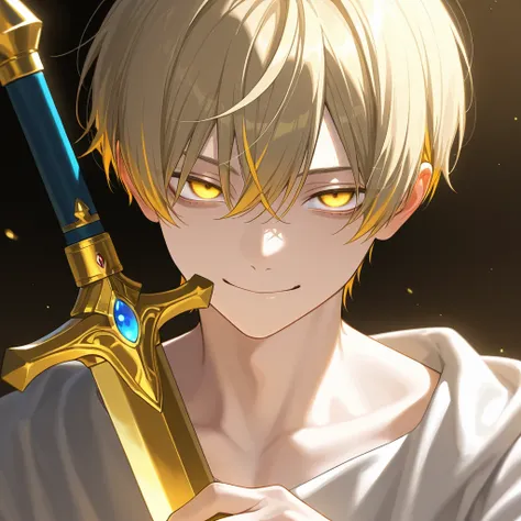 boy　 boy　Baby Face　is young　Dark blonde　with golden eyes　smile　sword　Eyes with highlights　Sleek hair　ish　stupid hair　shining eyes　 my hair is unkempt　Short Hair　Single