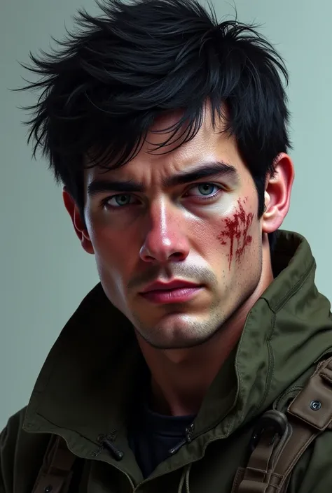 Harry Stones is a soldier from call of duty,but his face isn't revealed,so i want you to generate his face: he has ruffled black hair,blue eyes,his face is rugged and thought but soft at the same time,since he's a soldier covered in scars.