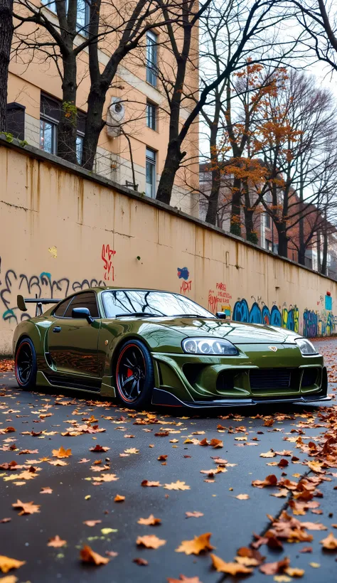Ultra High resolution like 8k masterpiece, a dark olive green MK4 Supra sports car is parked in an outdoor urban setting. The car is positioned in the mid-ground, slightly angled to the right of the image, and is centered within the frame. The car appears...