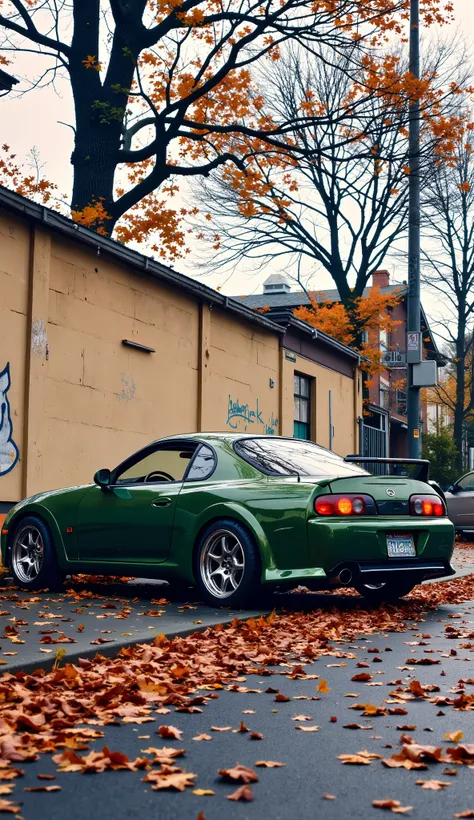 Ultra High resolution like 8k masterpiece, a dark olive green MK4 Supra sports car is parked in an outdoor urban setting. The car is positioned in the mid-ground, slightly angled to the right of the image, and is centered within the frame. The car appears...