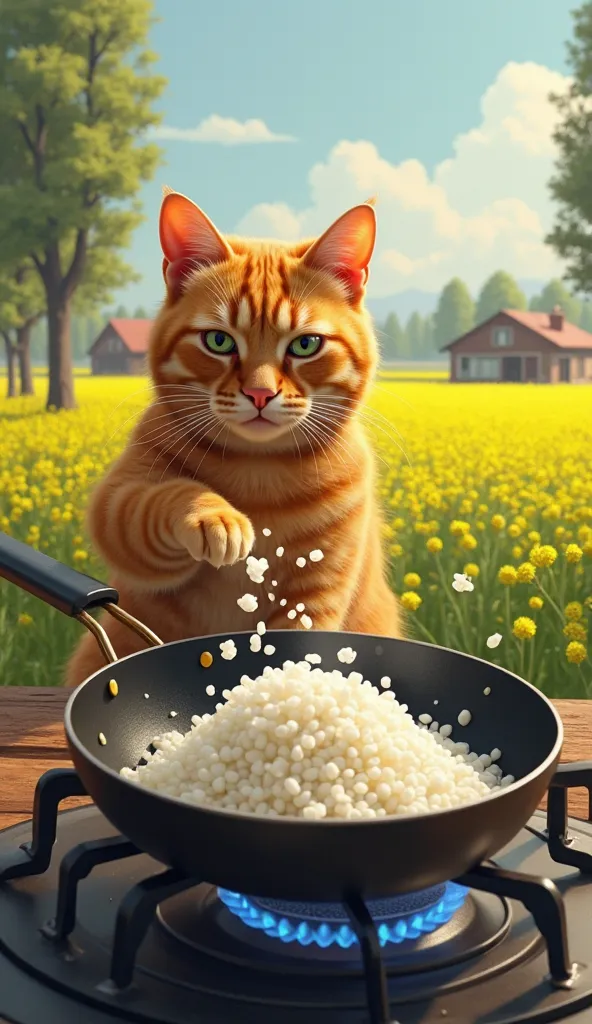 A chubby bright orange tabby cat with a serious expression, carefully pouring a bowl of white rice into a frying pan in a pan with a little oil frying no rice in a black pan on a gas stove with a blue flame, vast green mustard fields stretching out under t...