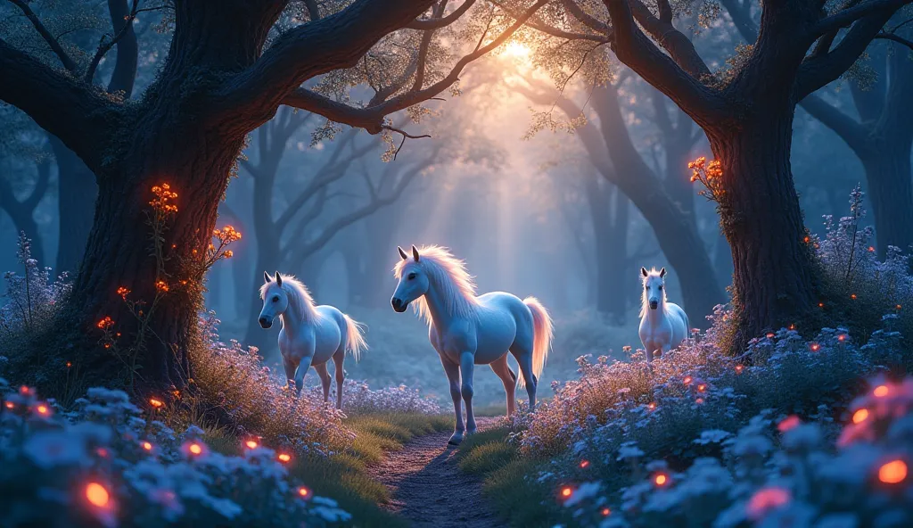 A mystical fairy woodland at dusk, dark tree trunks covered in glowing orange and pink flowers, shimmering blue flora dotting the ground, tiny unicorn foals with glowing manes grazing among the flowers, beams of golden light breaking through the branches, ...