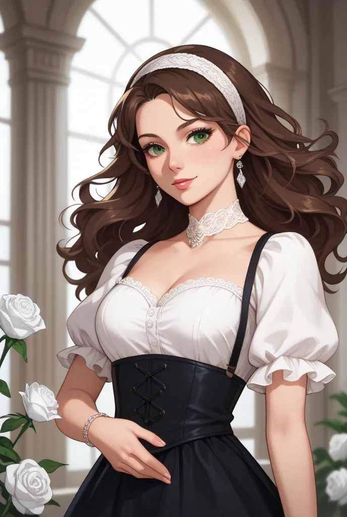  a woman, anime style. green eyes, long brown hair, her loose hair and a rebellious fringe, adorned with a headband of white roses. Wear a white blouse and a short black skirt.