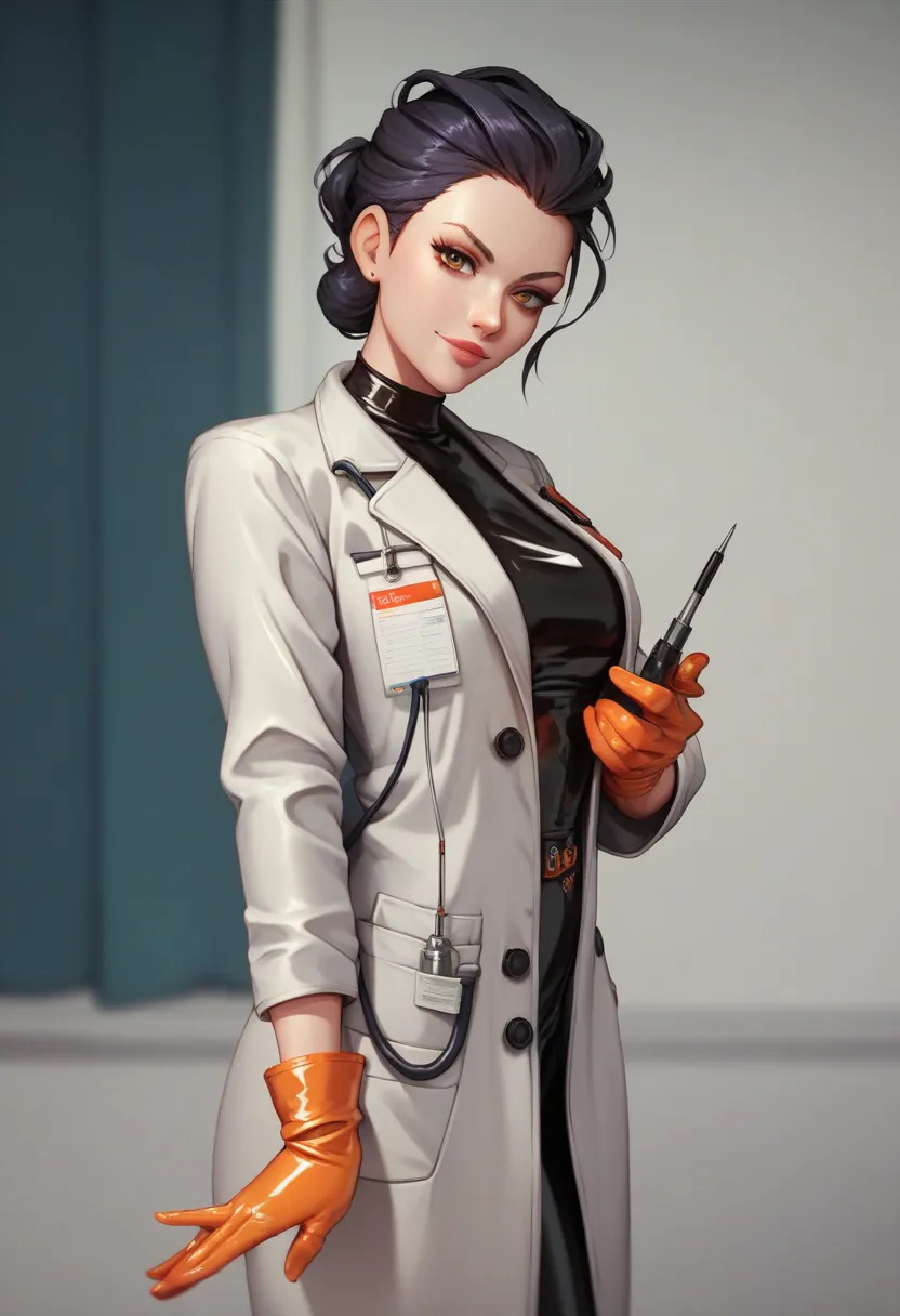 1girl, ((orange gloves)), ((surgical gloves)), ((latex gloves)), ((long sleeves)), ((black surgeon outfit)), ((black doctor coat)), looking at viewer, standing, solo