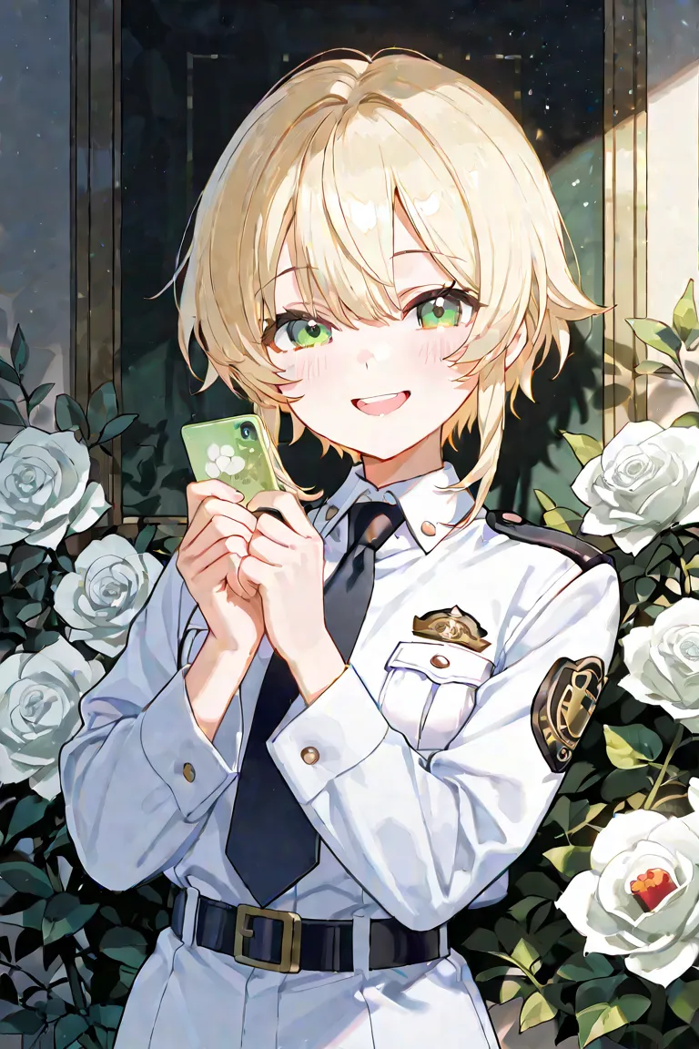 young man,  short blond hair with white strands, green eye, White police uniform, laughs, White rose in hand,  Red Japonica Camellia , masterpiece, high quality