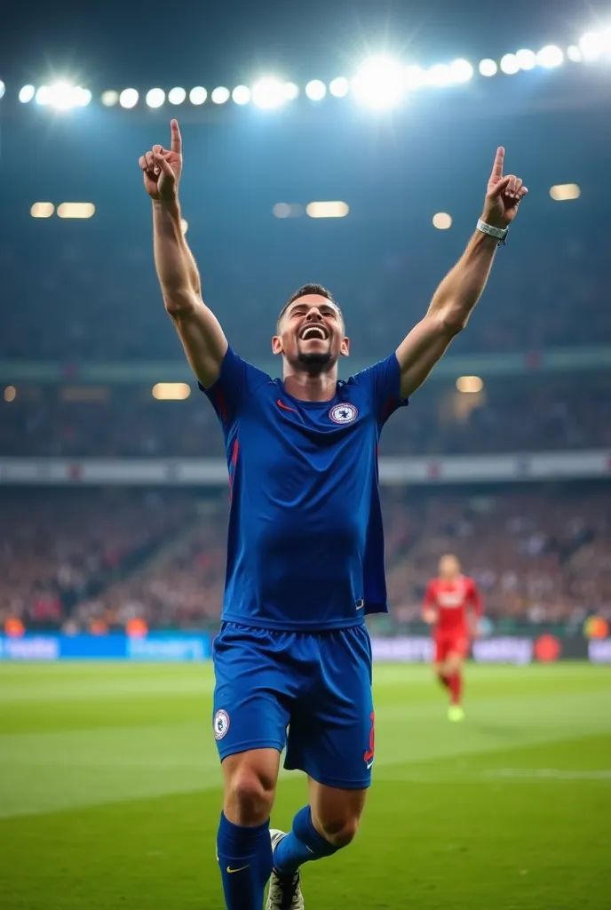 Créer une image d'un joueur de football masculin avec cette photo célébrant un but sur le terrain. Une coupe identique à celle de la photo originale . Il porte un maillot bleu et un short assorti. L'expression du joueur est pleine de joie et de victoire, l...