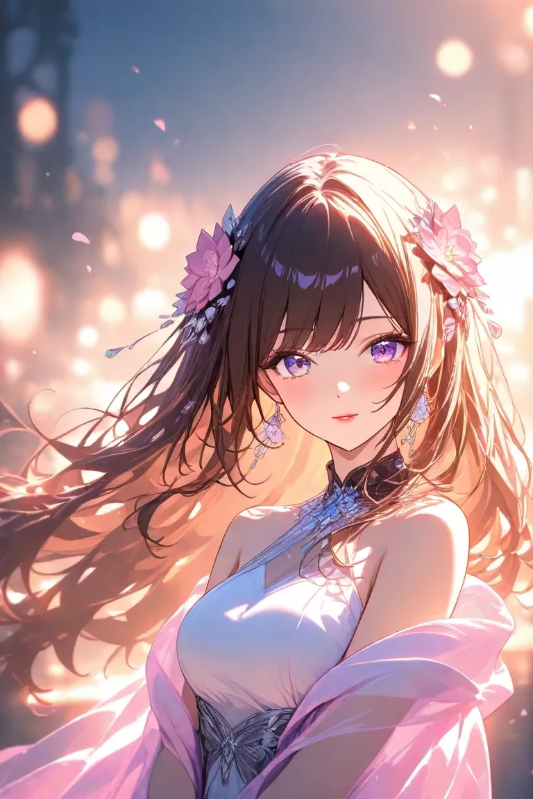 high quality　best image quality　Super Detail　Hi-Res　WHITE DANCER 　long brown hair　  pink flower hair ornament  　 medium chest　anime style