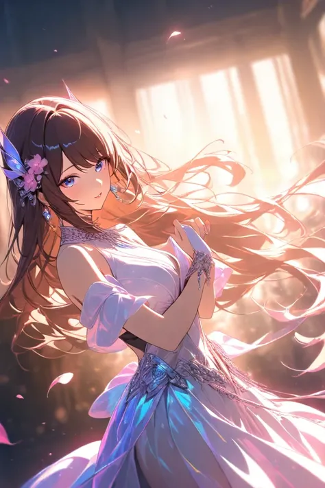 high quality　best image quality　Super Detail　Hi-Res　WHITE DANCER 　long brown hair　  pink flower hair ornament  　 medium chest　anime style