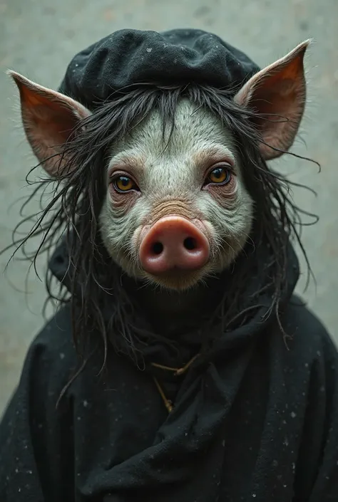 Pig-Like Snout: Her most prominent feature is her pig-like snout, broad and slightly upturned, with flared nostrils that seem to quiver as she sniffs the air for weakness or mischief. The snout is a mottled pinkish-gray, contrasting sharply with the rest o...