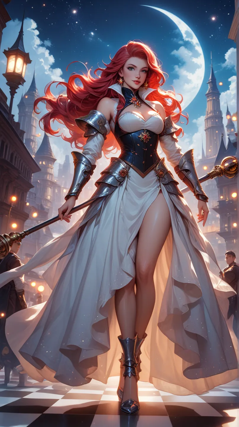 The image portrays a woman standing confidently on a checkered floor, her body poised as if ready for action. She is adorned in a black and silver armor that shines under the ambient light, with a high collar that frames her face. Her long red hair cascade...