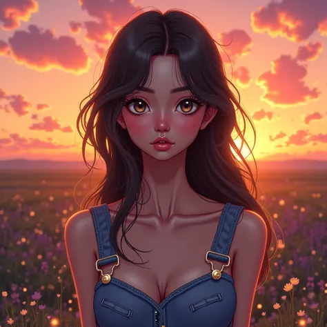 anime girl, beautiful, wearing Levi's 578 jeans, soft western style, sunset background, detailed clothing, vibrant colors, 4k