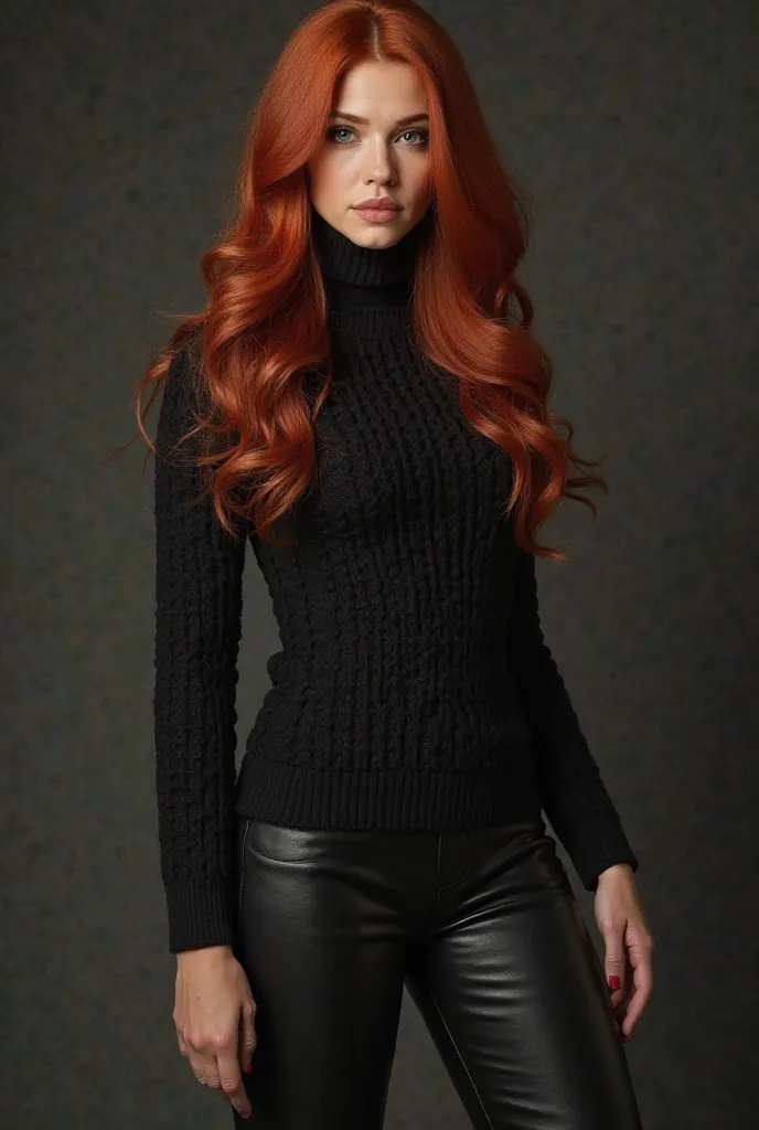 (contract,  Masterpiece , textured leather,  super detail, Highly detailed, high quality, best quality),  detailed face, 1 woman, , a mature beautiful woman , long red hair, ( black sweater), (black pants), ( huge body:1.5,  Tall),  standing