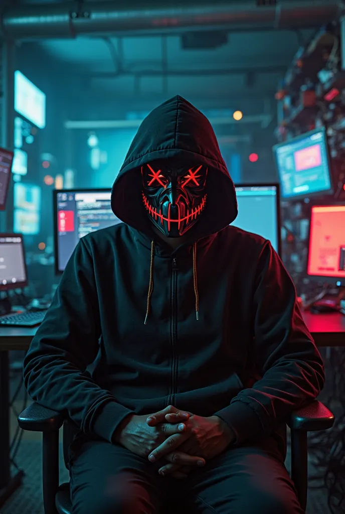 Wearing a new designed a Hacking mask , Facing the camera, doing a talking head style video, in a Hacking studio, Seating in a chair. The face mask is black with some read on it