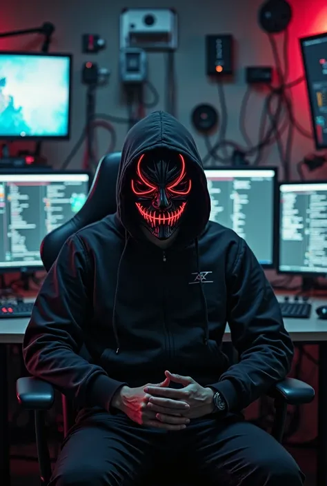 Wearing a new designed a Hacking mask , Facing the camera, doing a talking head style video, in a Hacking studio, Seating in a chair. The face mask is black with some read on it