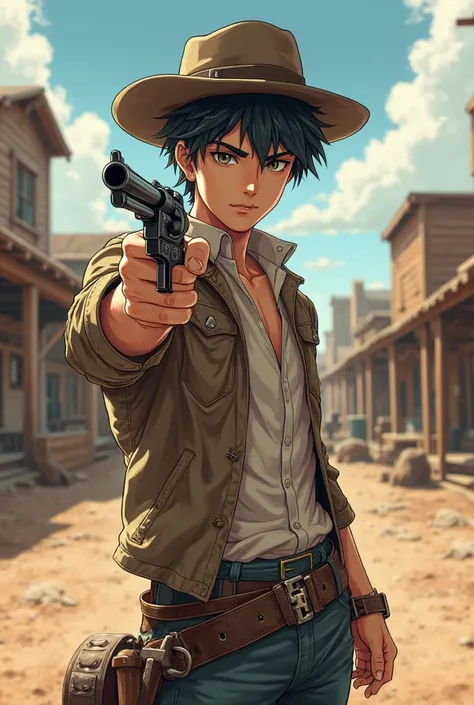 Make an anime western character
Male gender
White skin
Short black hair
Background: a cowboy town
Pose holds a revolver pointing the camera 