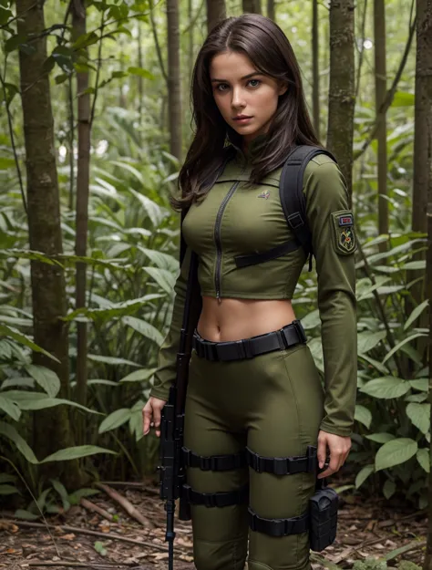 A 24 year old women, Beautiful white european girl, young spy, Military Girl, beautiful female spy, solo female character, Future combat equipment, dress properly, military rucksack, Woman wearing green cropped Secret Agent Tight Suit, (long sleeve), Show ...