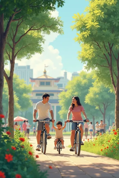 Linh takes his wife and ren to the park . Angles for s Biking Around the Public Hall .8k Ambient 