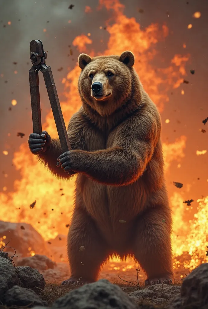 Draw the characters of the bear with tongs, there is a scene of flames exploding in the back