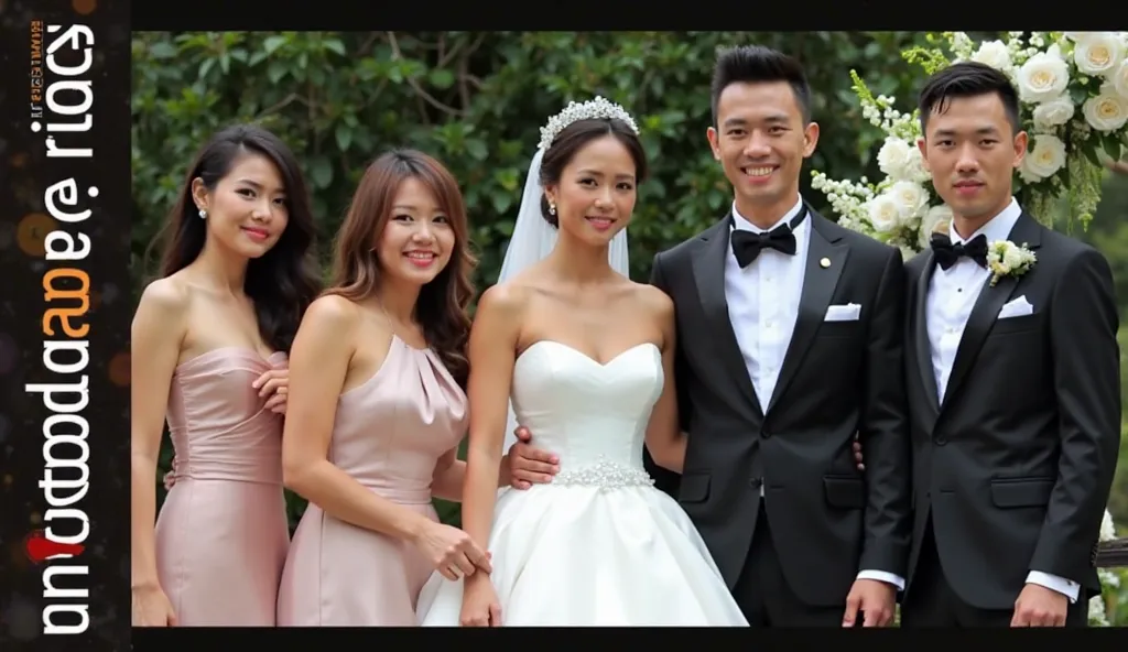 Image is a digital photograph featuring a group of people at a formal event, likely a wedding. The layout is horizontal, capturing six individuals. The central focus is on a bride and groom. The bride is wearing a white strapless gown with a sweetheart nec...