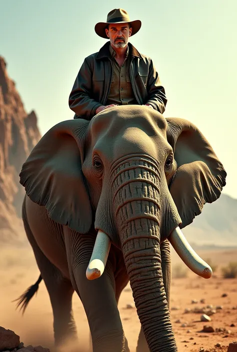 Create a portrait of walter white riding an elephant doing battle