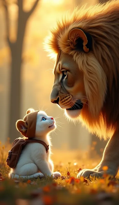 A fluffy white kitten with bright blue eyes, a small pink nose, and soft fur sits in a sunlit forest, gazing up with curiosity at a massive lion towering over it. The kitten wears a  brown cap and a tiny backpack, sitting fearlessly as it locks eyes with t...