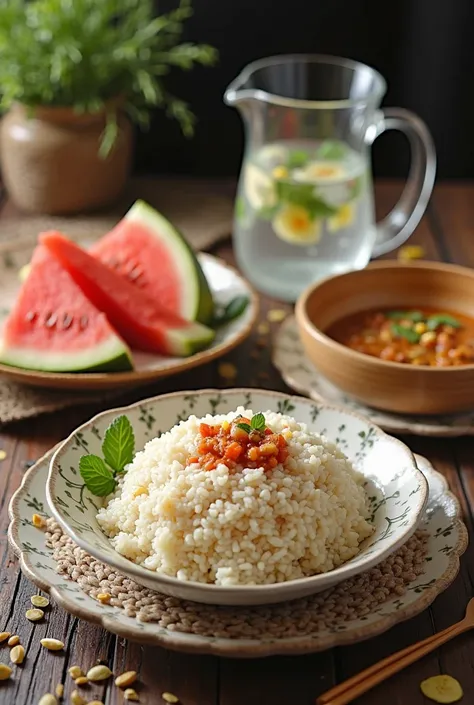 Images of dishes with beautiful decorations containing White rice Menu,  chicken soup, fried cabbage, chicken sambal, slices of watermelon and a jug of cane water along with some glass seeds. Wording "Happy Iftar".