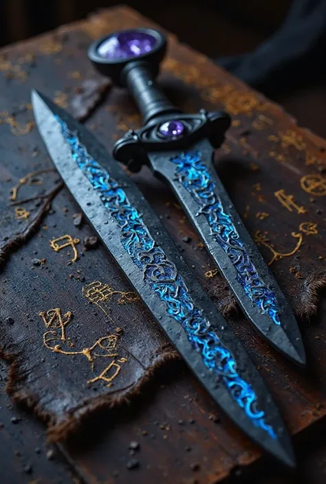 Two strongly curved daggers made of dark steel with blue runes on the blade. Black handle. knob with glowing purple amethyst. sword is lying on a wooden table made of ebony. On a piece of skin decorated with runes