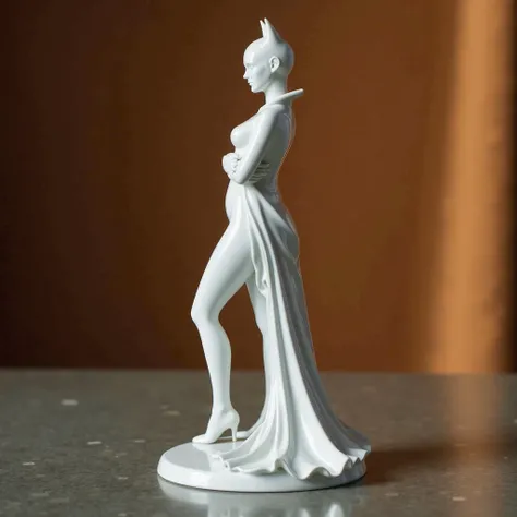 A meticulously crafted Meissen porcelain figurine of Batman. The figure stands gracefully on a matching base, captured from the side to reveal her poised stance and flowing dress. The warm, inviting background complements the figurine, enhancing its ethere...