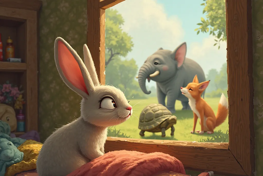 The rabbit sadly looking out the window: Seeing a elephant, a turtle, and a fox playing together outside.

It should be realistic cartoon