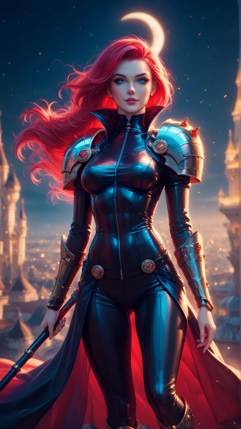 In the image, a female character with vibrant red hair and striking blue eyes is depicted in a fantasy setting. She is adorned in a black bodysuit that shimmers with metallic accents, giving her an armored appearance. Her attire includes a high collar and ...