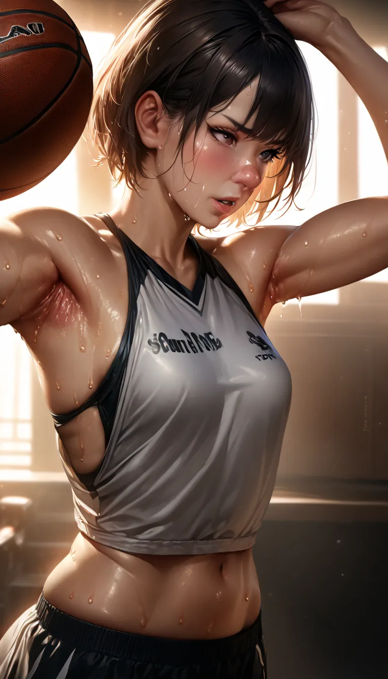 Perfect hands, perfect fingers, perfect anatomy, masterpiece, top quality, ultra realistic, 16K HDR, great lighting, Japanese, (short hair), small breasts, barely there breasts, muscular woman, (beautiful high nose), sweat and skin texture well detailed, w...