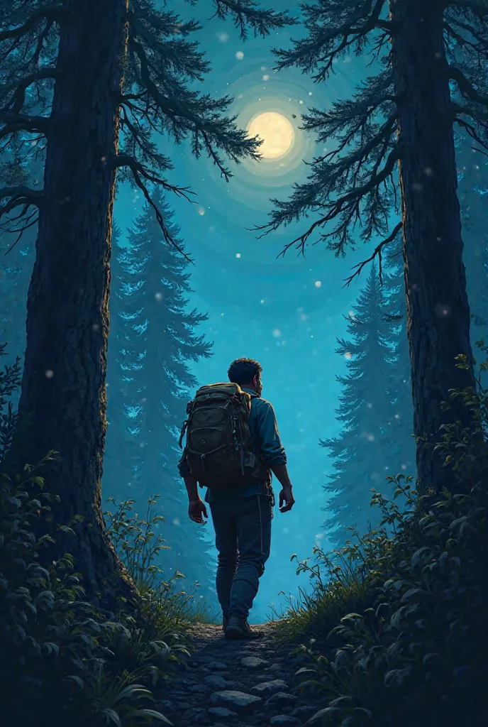 A man with a backpack under the night sky in the woods