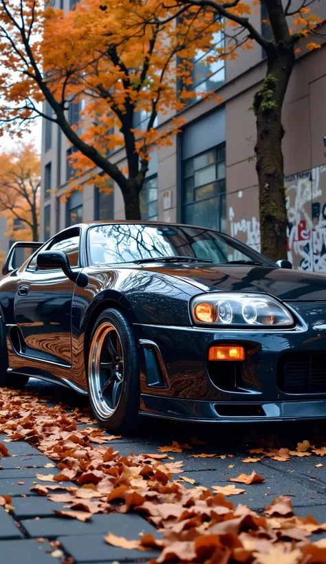 Ultra High resolution like 8k masterpiece, a MK4 Supra, is positioned in a slightly low angle, three-quarter view. The car is in the mid-ground, with its side profile visible. The car is situated on a paved area covered with fallen, dry brown leaves. The b...