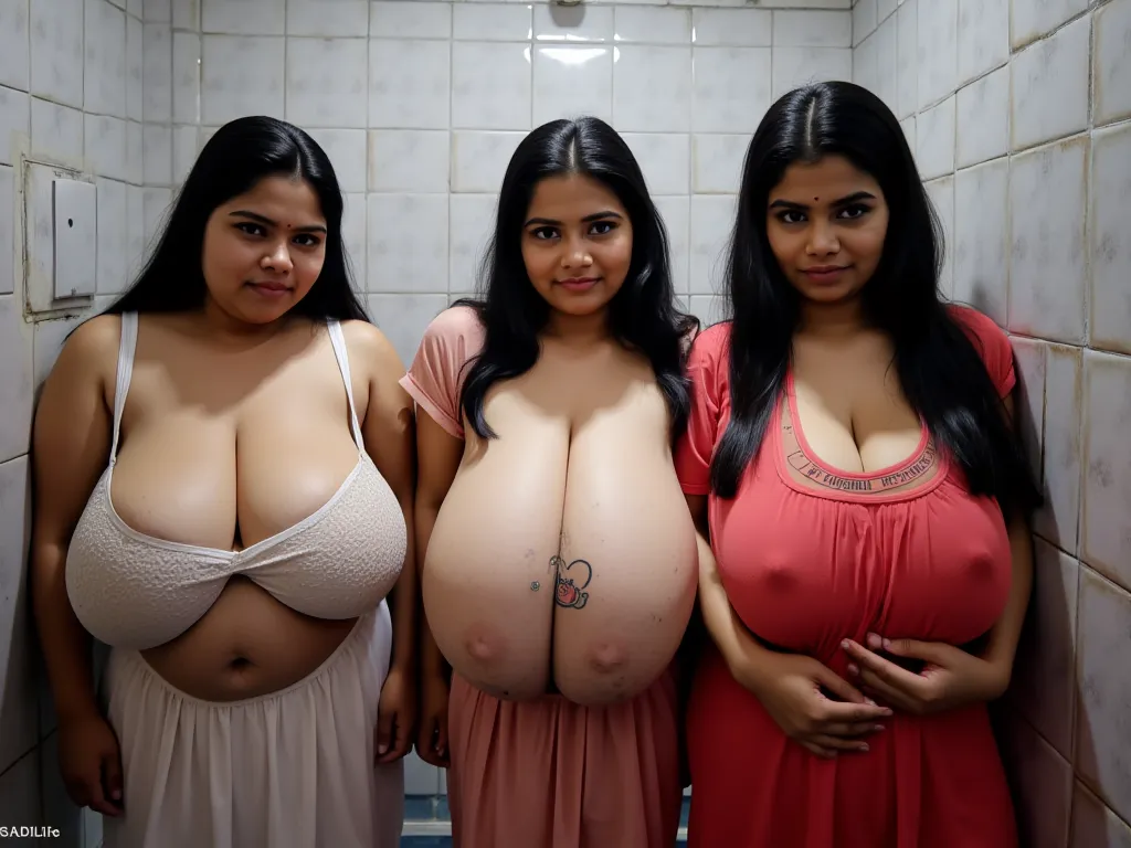 Front view. Three extremely obese ssbbw young indian women in an old bathroom, black straight hair, very beautiful faces. 
- They are side by side - They are all very extremely fat - ((heavily 15 months pregnant belly with twins)), deep navel - They are al...