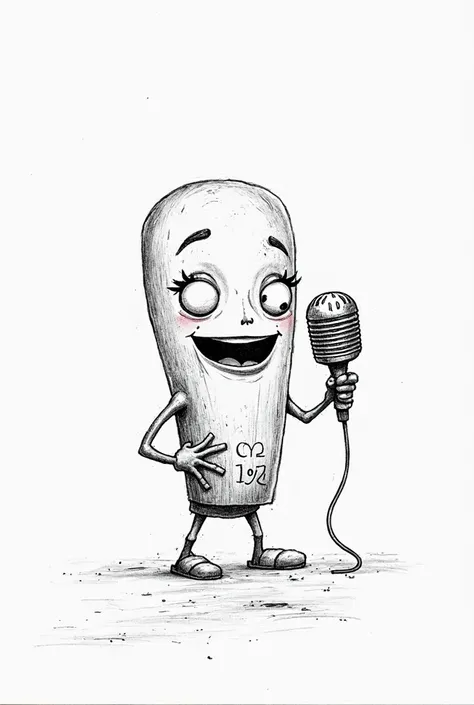 A black and white drawing of a funny personified microphone holding a microphone with the numbers 102 engraved on it 