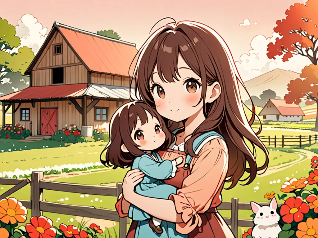  hyperrealism, Simple Line Acronym，Abstract art，Hayao Miyazaki Style , Kawaii design ,  chibi, (((with mom))), (((Farm work))), anime