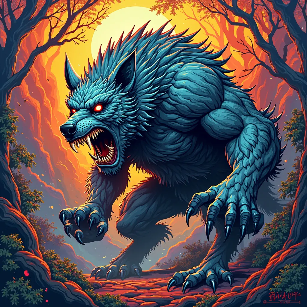 NFT 3D woodcut colorful flashy angry monstrous werewolf